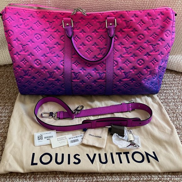 Louis Vuitton Virgil Pink Blue Monogram Illusion Keepall Bandouliere 50 Duffle - Picture 12 of 15